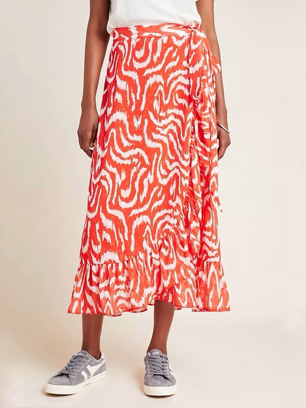 DOLAN Anthropologie Flowy Ruffle Midi Skirt Wrap Orange Red White Print XL